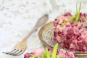 Beetroot and pickled cucumber salad: selection of ingredients, recipe
